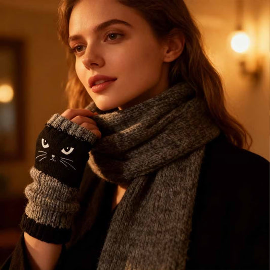 Last Day 49% OFF🔥 Stay Warm & Stay Cute — Cat Embroidery Fingerless Gloves 😺🧤