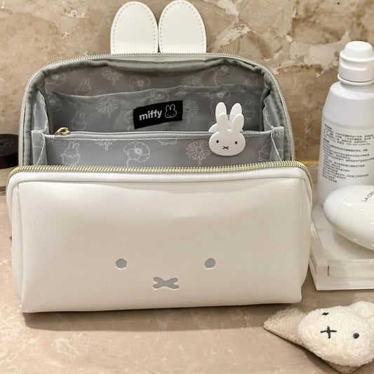 Kawaii Miffy PU Leather Waterproof Pencil Case – Cute Portable Makeup & Stationery Storage Bag