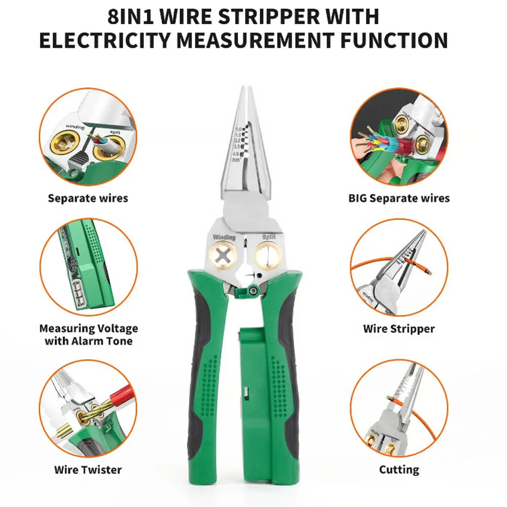 8 in 1 Wire Stripper Twister for Cutting and Pulling Wires Cable Scissors, Voltage Tester Pliers