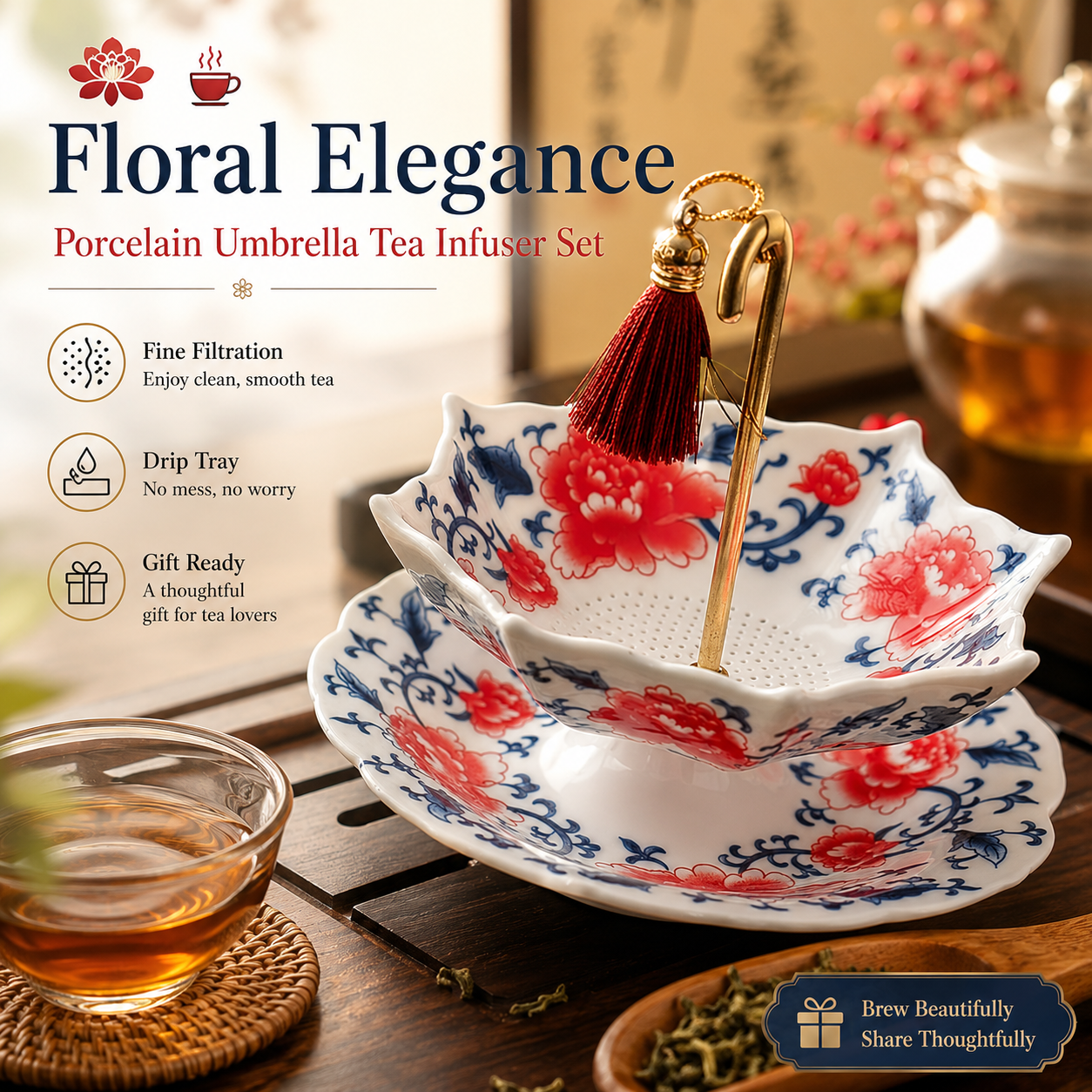 ☂️ Porcelain Umbrella Tea Infuser Set – Brew Loose Tea Beautifully