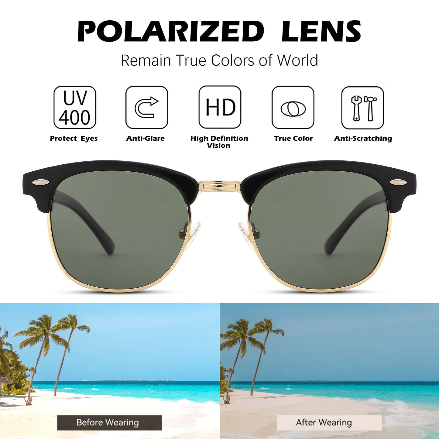 Polarized rimless sunglasses with UV 400 protection