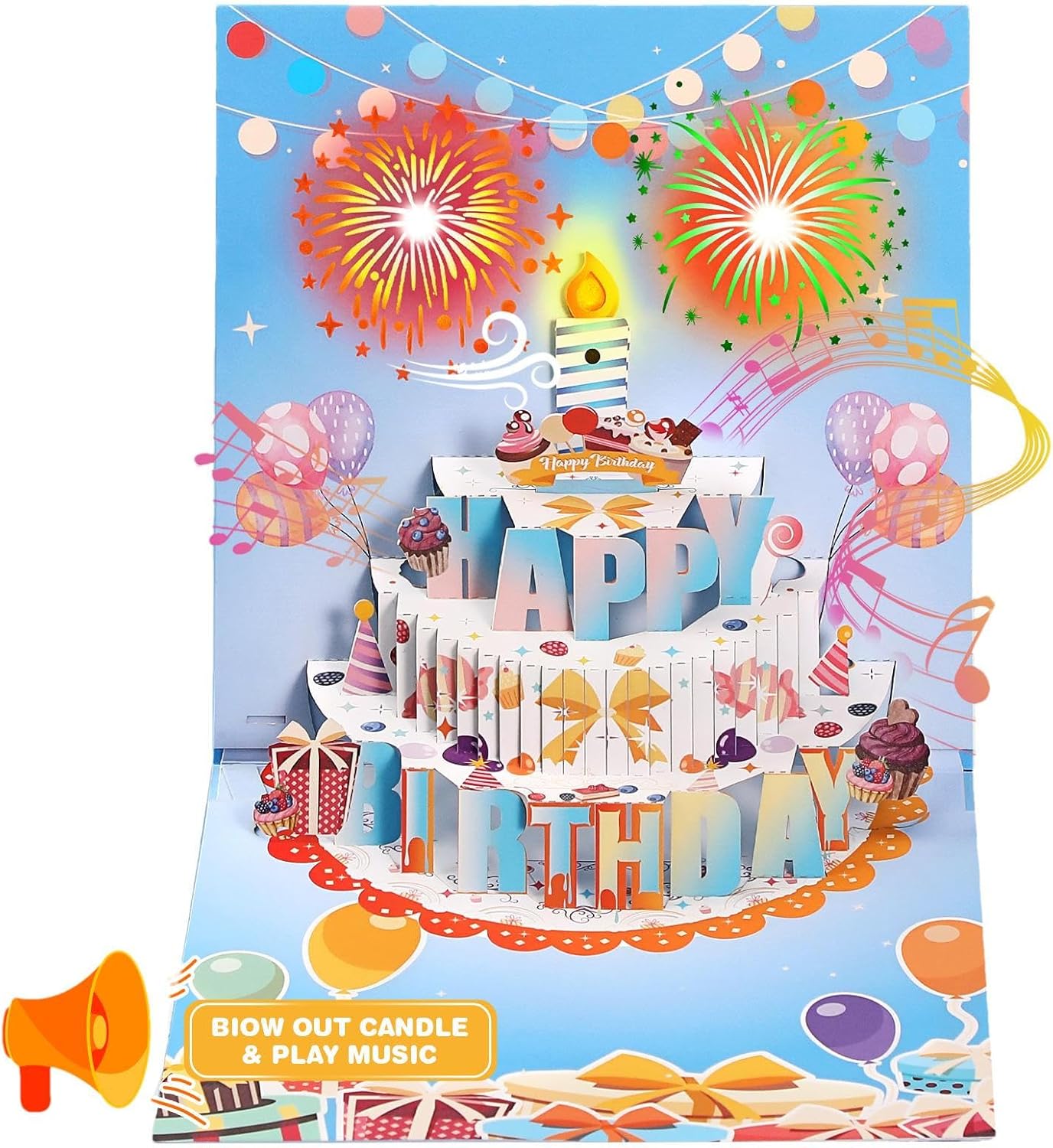 Fireworks Pop Up Cake Light and Music Happy Birthday Card Gift🎁(Inflatable Motion-Sensor Light)