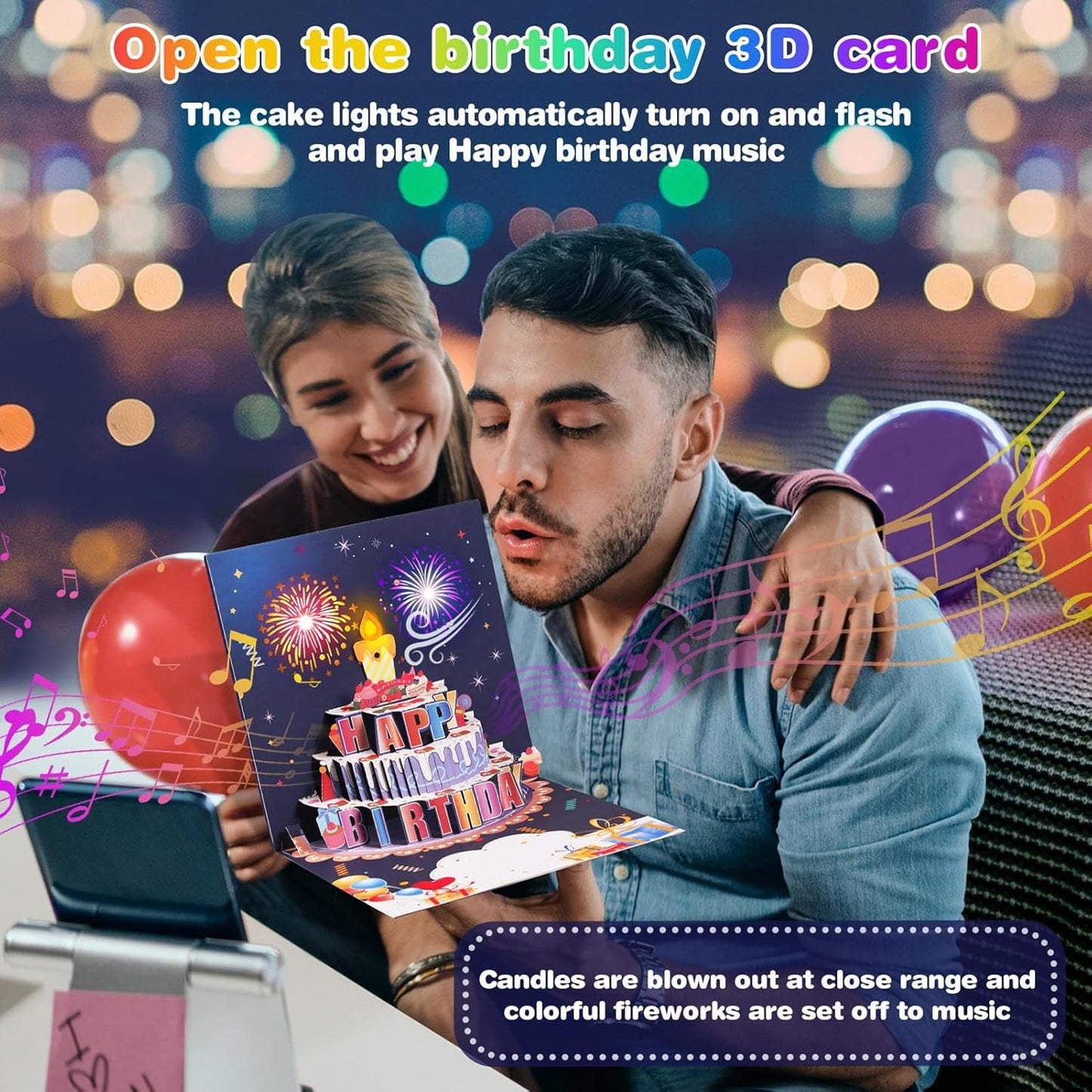 Fireworks Pop Up Cake Light and Music Happy Birthday Card Gift🎁(Inflatable Motion-Sensor Light)