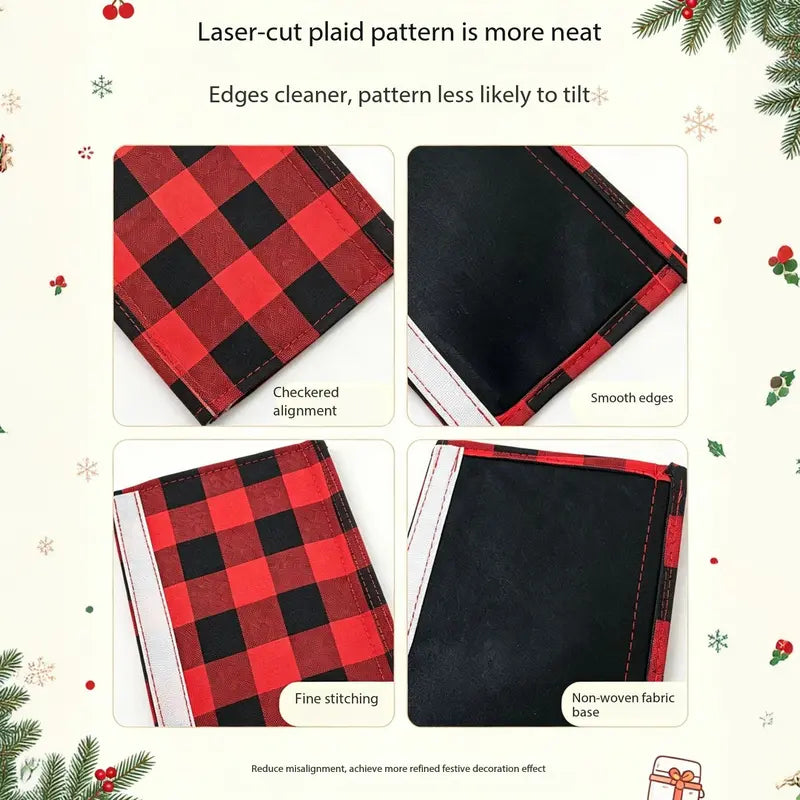 Close-up views of plaid alignment, stitched edges and the backing of a Christmas handle cover
