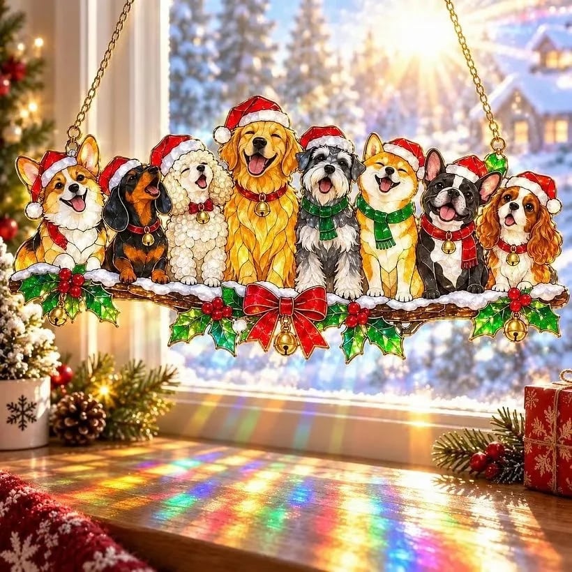 Holiday Dogs Christmas window hanging