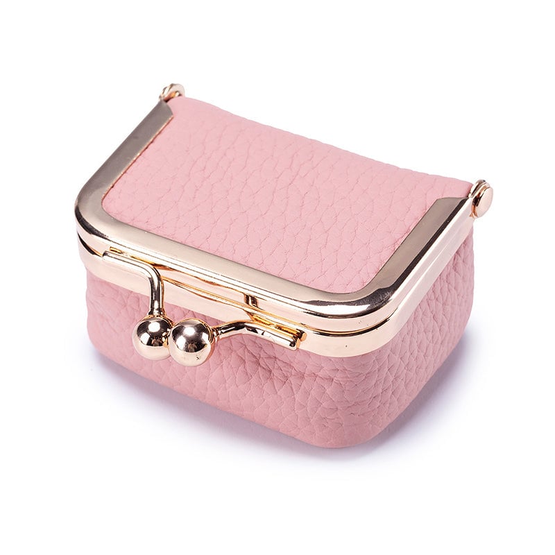 Pink genuine leather mini jewelry box with gold-tone frame