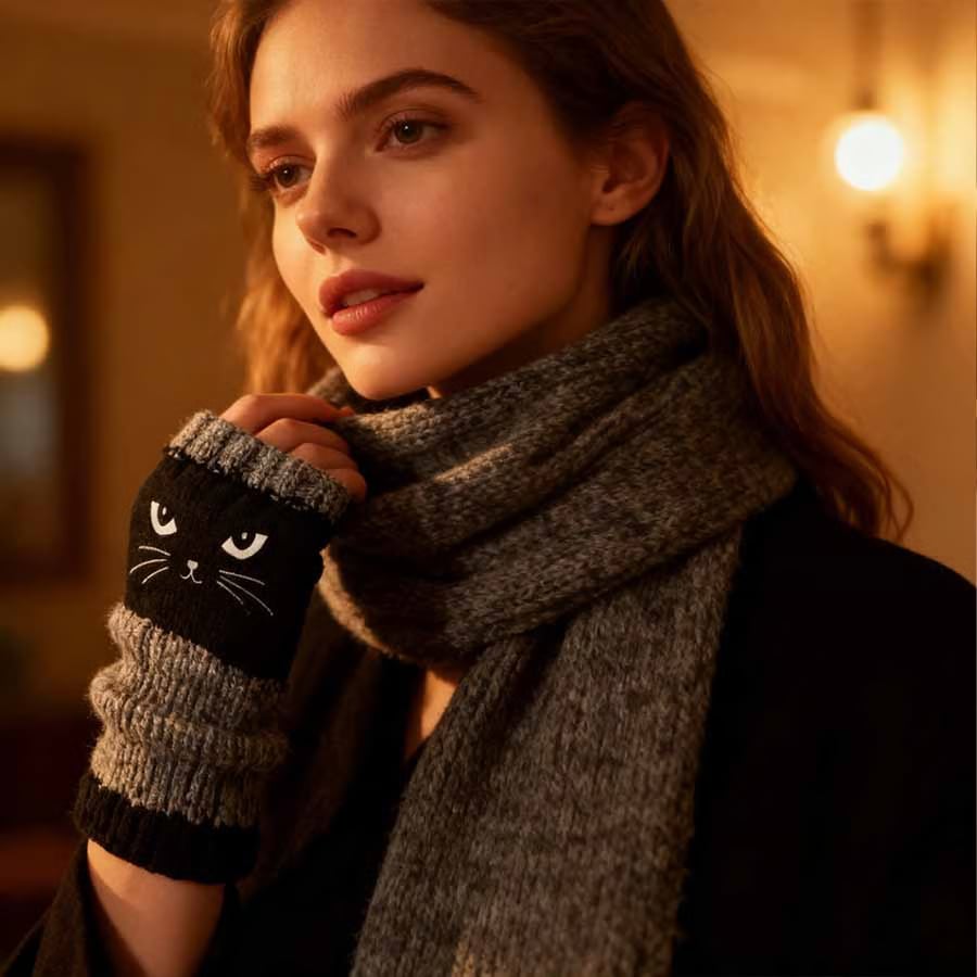 Last Day 49% OFF🔥 Stay Warm & Stay Cute — Cat Embroidery Fingerless Gloves 😺🧤