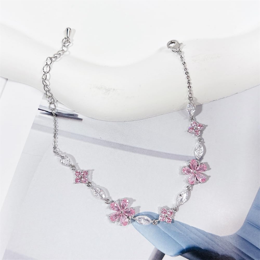 Last Day 49% OFF🔥 Pink Crystal Cherry Blossom Flower Chain Bracelet🌸📿