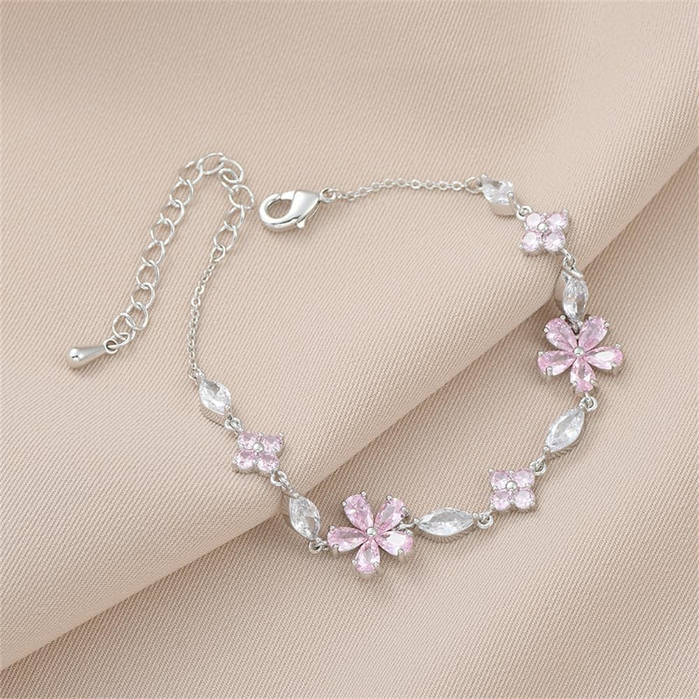 Last Day 49% OFF🔥 Pink Crystal Cherry Blossom Flower Chain Bracelet🌸📿