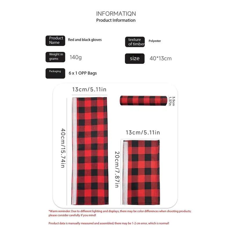 Product dimension reference showing long and short Christmas plaid handle covers