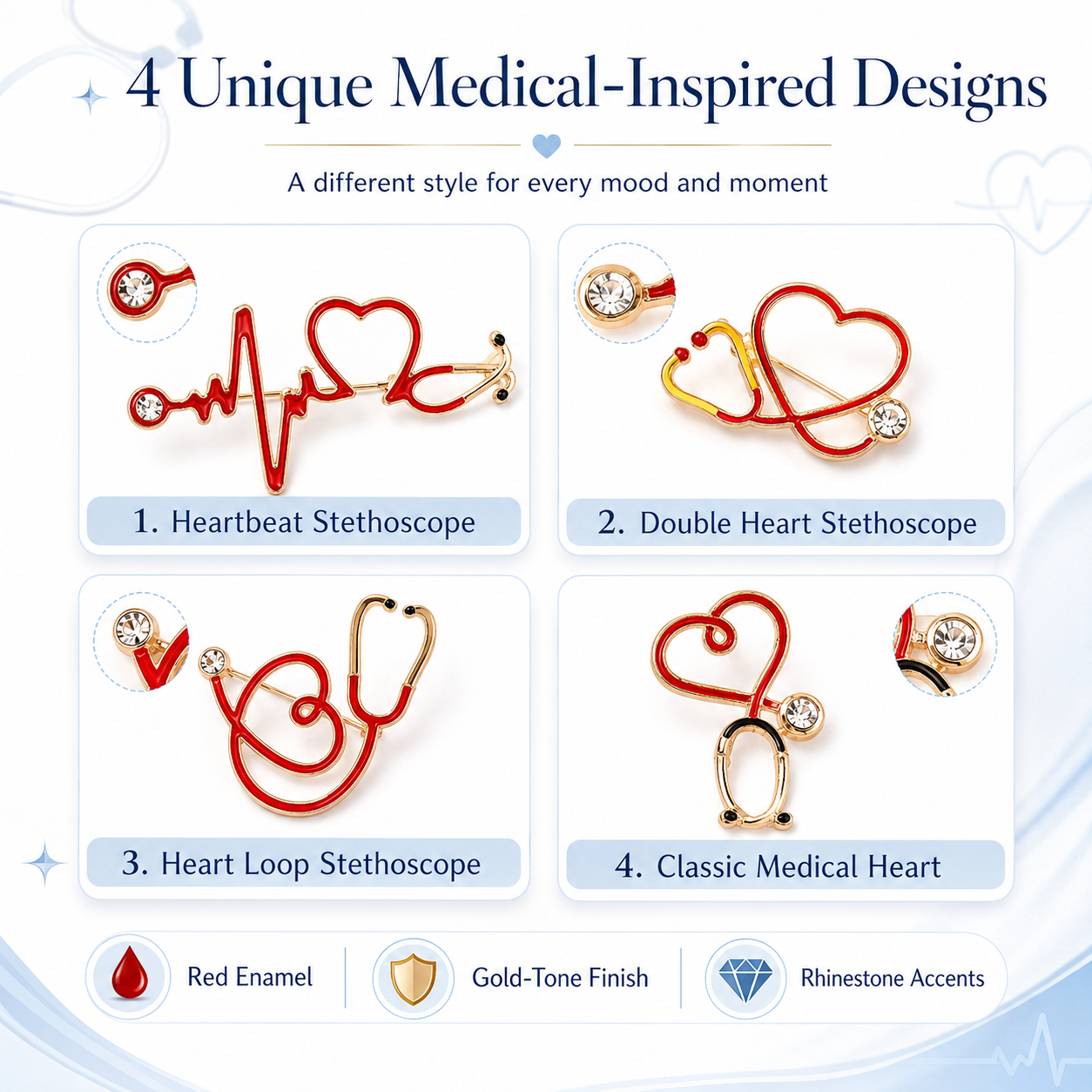 🩺 4-Piece Medical Stethoscope Brooch Pin Set – A Meaningful Gift for Healthcare Heroes ❤️