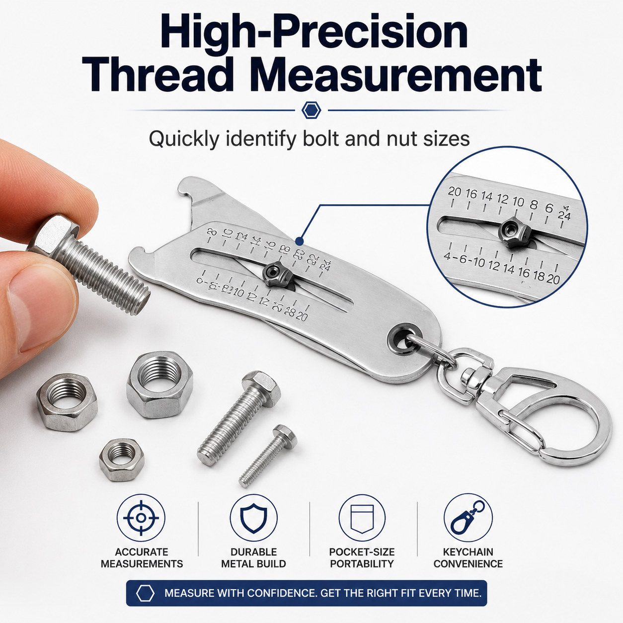 🔩 Precision Thread Dimension Gauge Keychain for Bolt & Nut Sizing