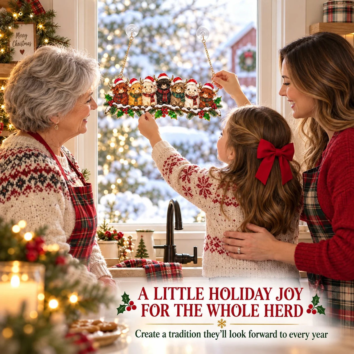 Family hanging a Highland Cow Christmas ornament in a kitchen window