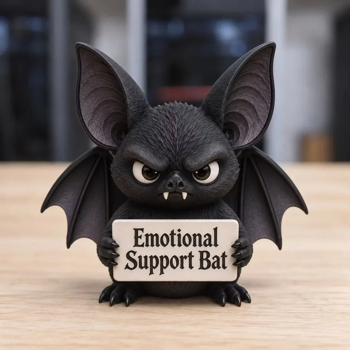 Black Emotional Support Bat figurine with giant pointed ears, tiny fangs, wide wings and an adorably angry expression, holding an Emotional Support Bat sign
