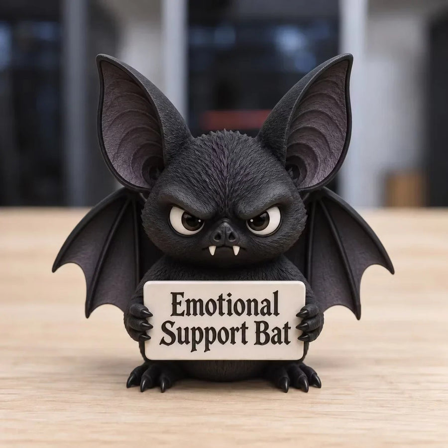 Emotional Support Bat standing on a wooden desktop with its wings spread and printed sign visible