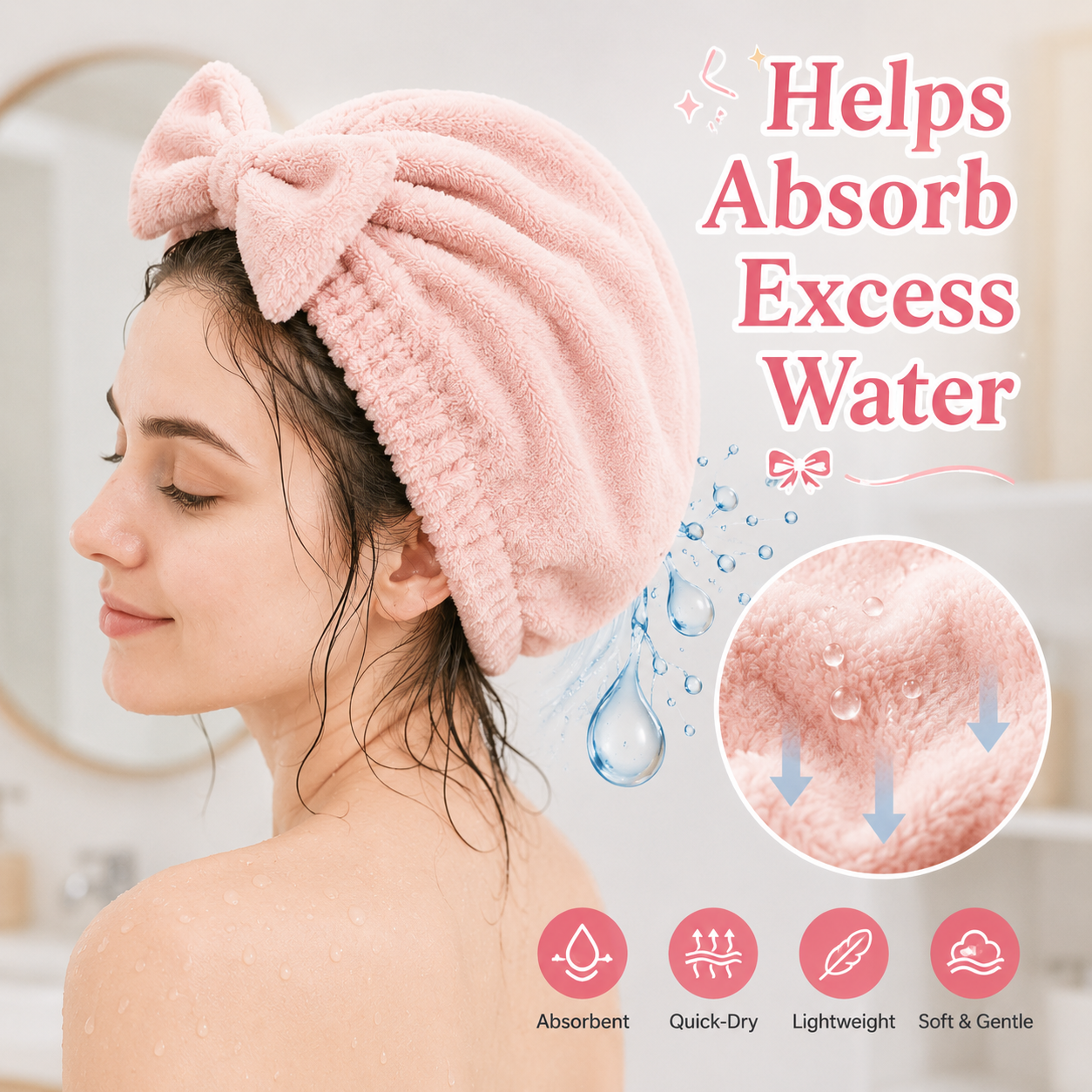 Cute Bow Hair Drying Towel Cap – Soft, Absorbent & Lightweight 🎀