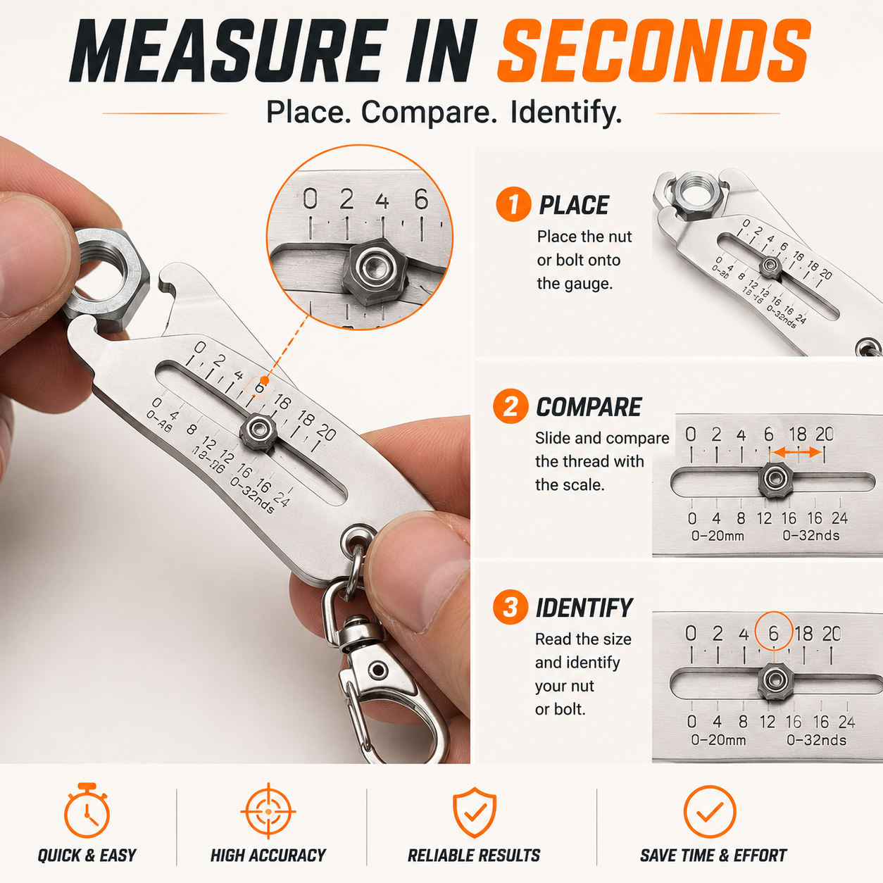 🔩 Precision Thread Dimension Gauge Keychain for Bolt & Nut Sizing