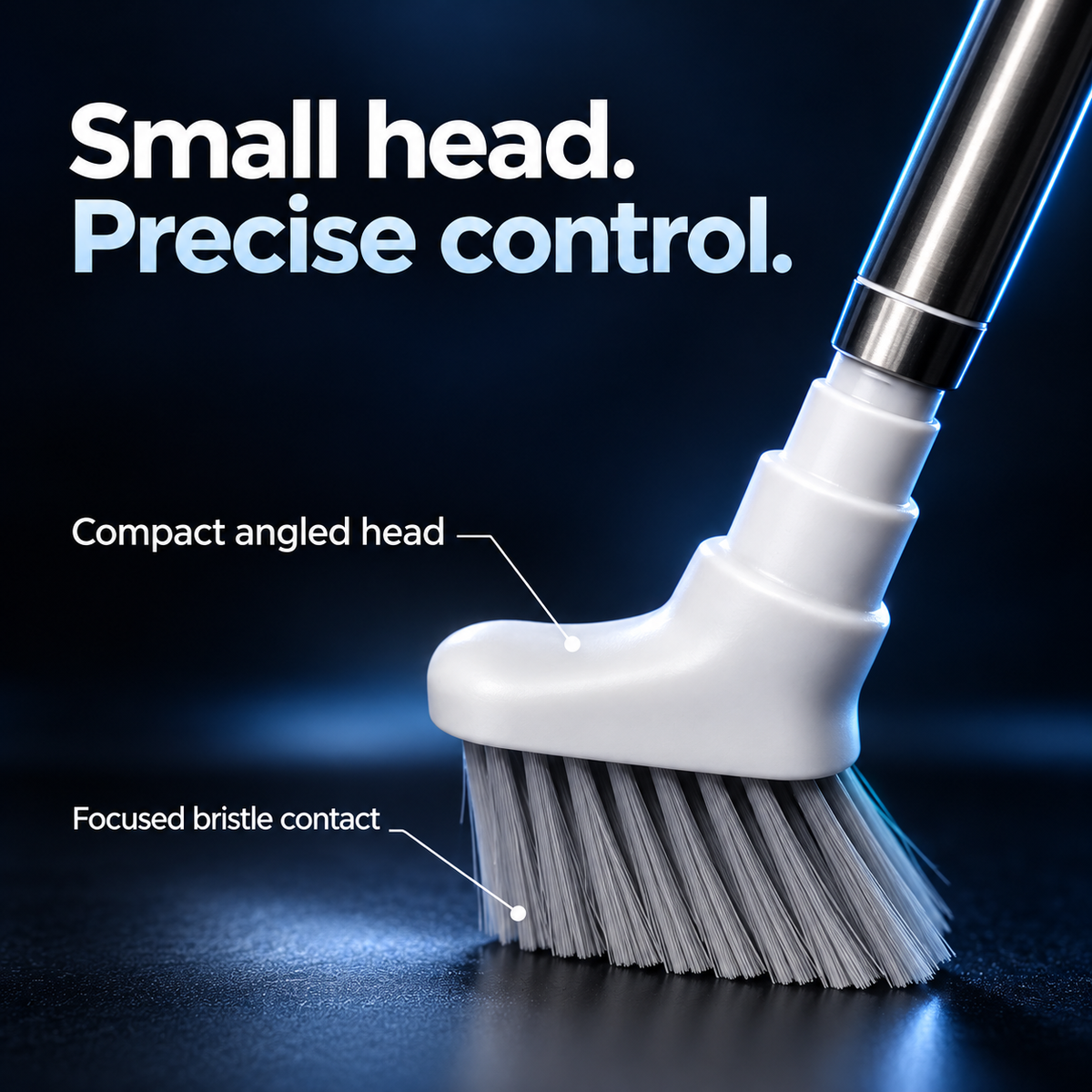 Close-up showing compact angled cleaning brush head and densely arranged grey bristles