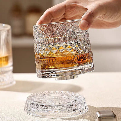 ✨ 360° Rotating Textured Glass Tumbler – Spin, Shine & Enjoy Every Drink
