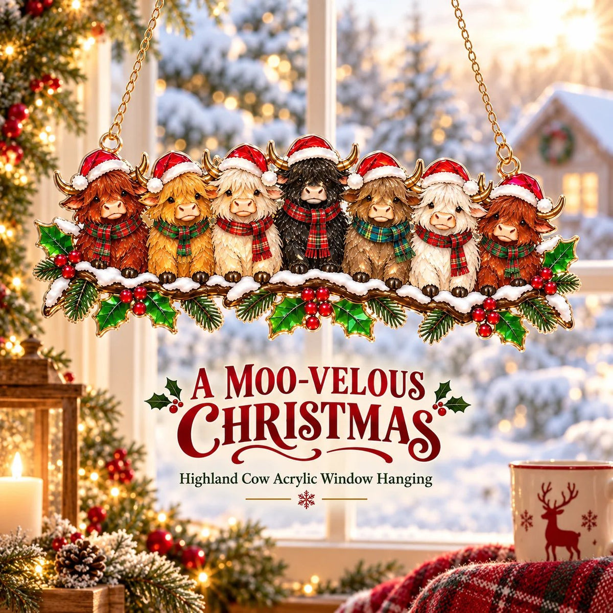 Highland Cow Christmas acrylic window hanging displayed in a sunny holiday window