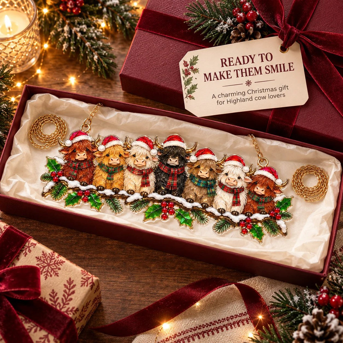 Highland Cow Christmas window hanging presented as a holiday gift