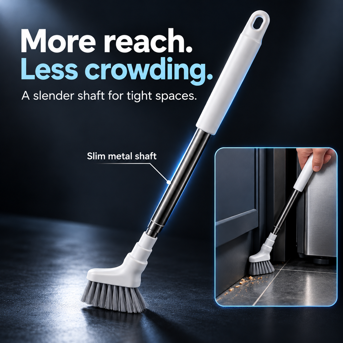 Long metal telescopic brush shaft reaching into a narrow gap beside an appliance