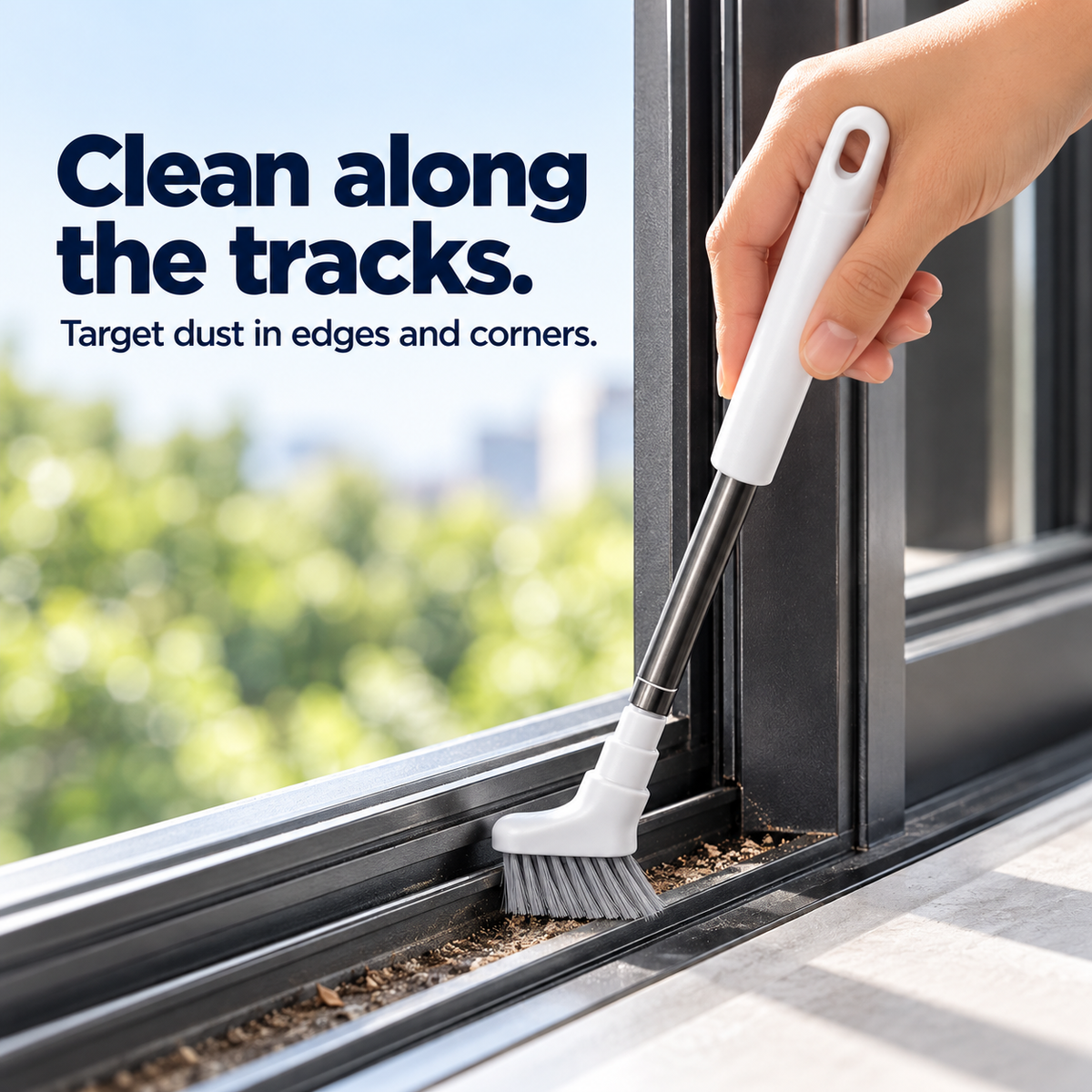 Small angled brush cleaning dirt from the channel of a sliding window track