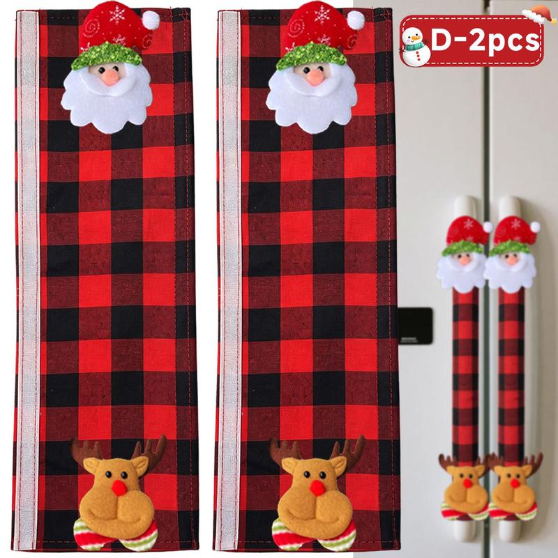 Red and black plaid Christmas handle covers with Santa and reindeer character details
