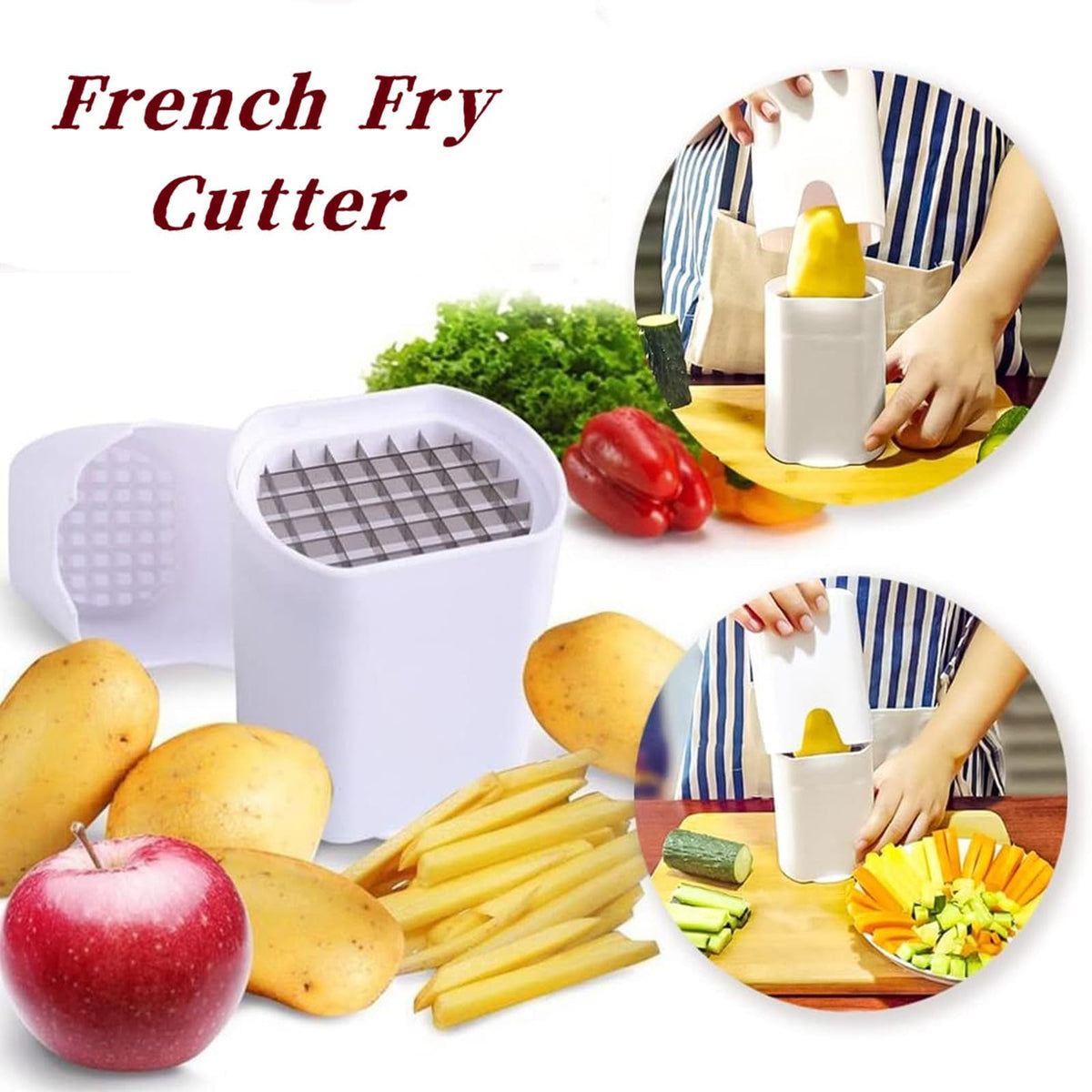 French fry cutter shown with potatoes, fries and vegetables