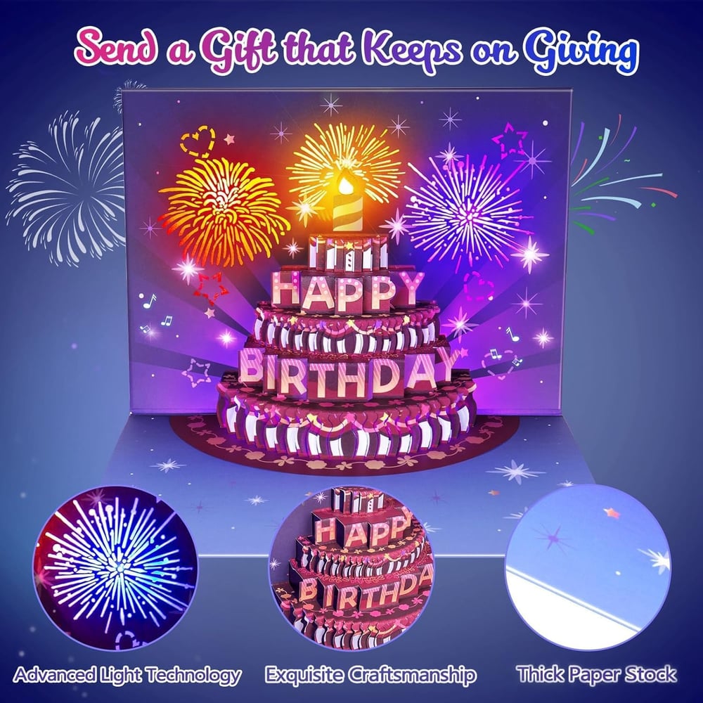 Fireworks Pop Up Cake Light and Music Happy Birthday Card Gift🎁(Inflatable Motion-Sensor Light）
