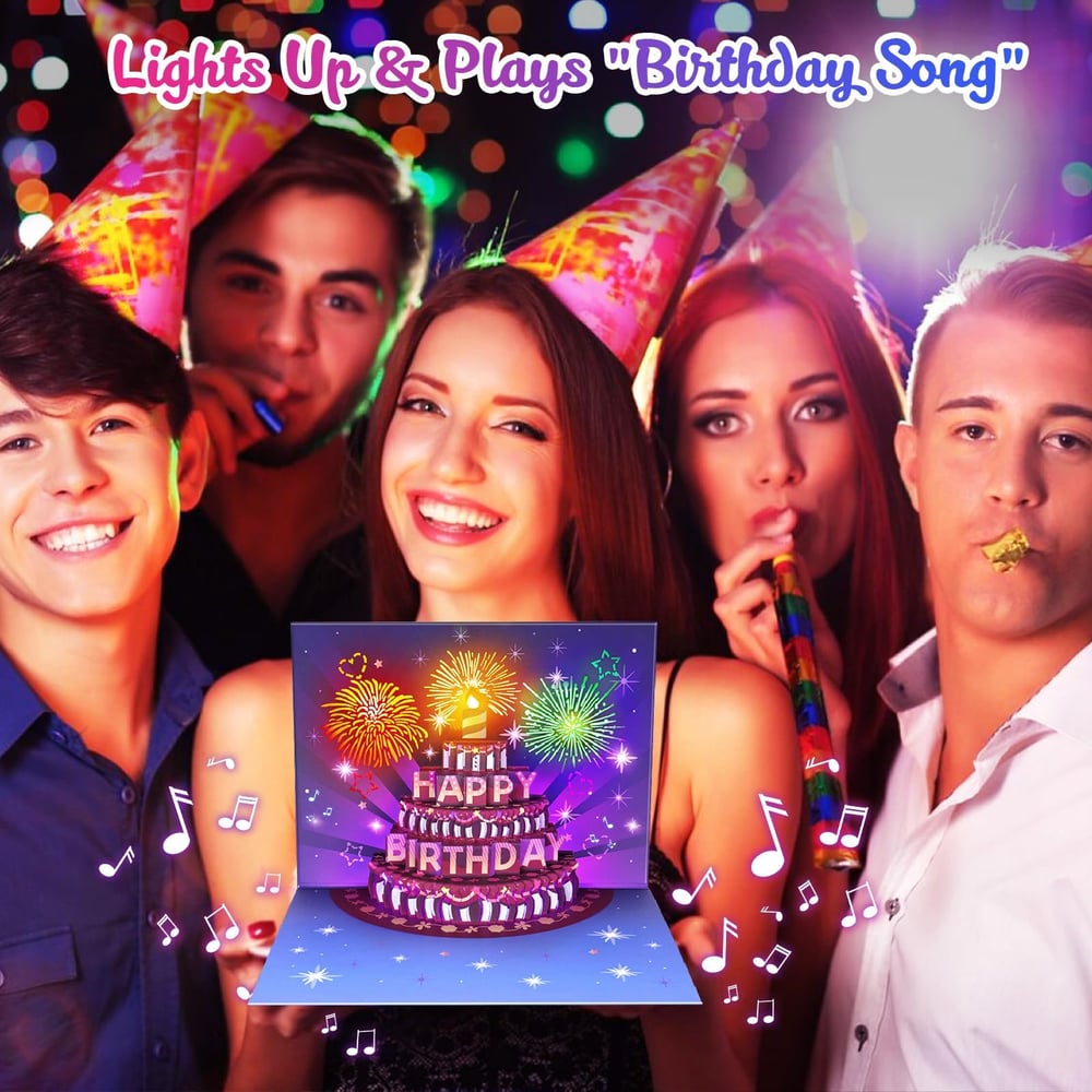 Fireworks Pop Up Cake Light and Music Happy Birthday Card Gift🎁(Inflatable Motion-Sensor Light）