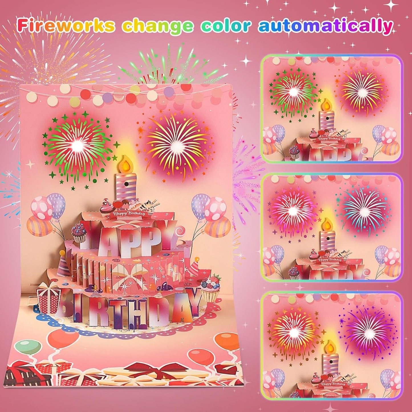 Fireworks Pop Up Cake Light and Music Happy Birthday Card Gift🎁(Inflatable Motion-Sensor Light）