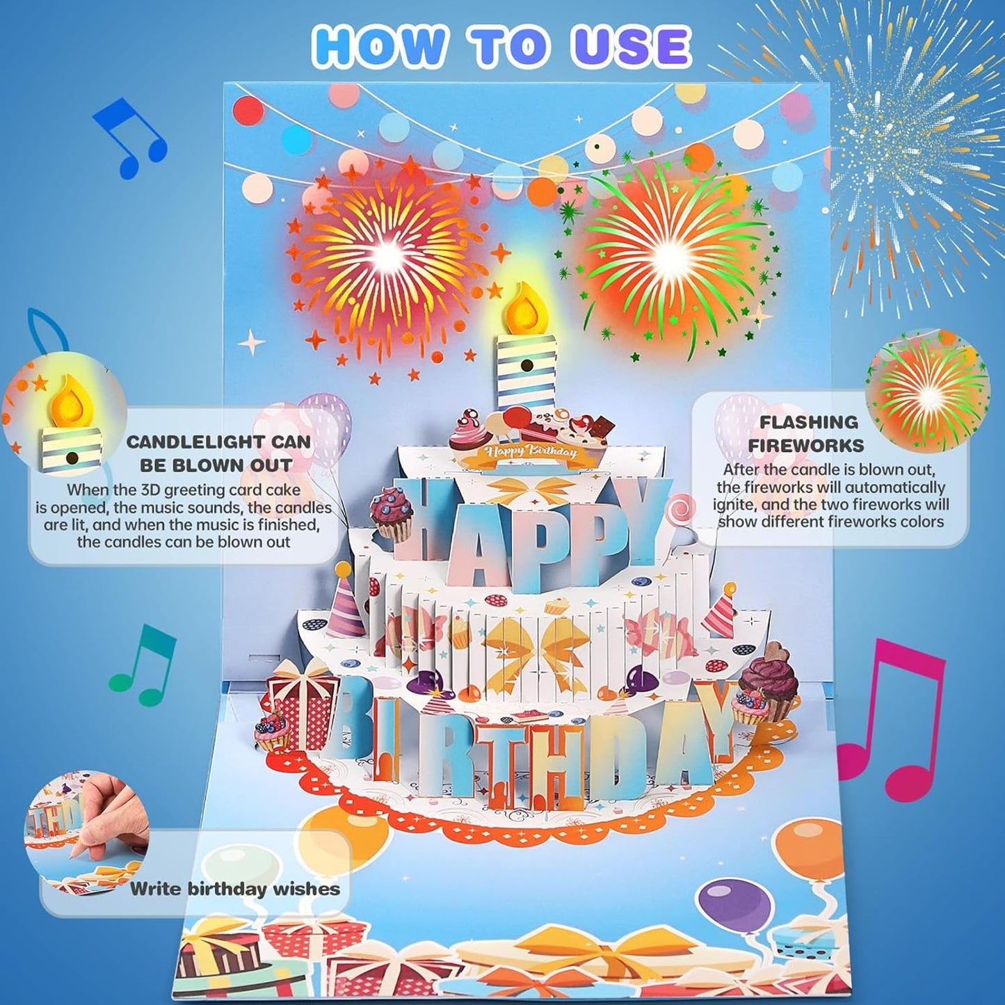 Fireworks Pop Up Cake Light and Music Happy Birthday Card Gift🎁(Inflatable Motion-Sensor Light）