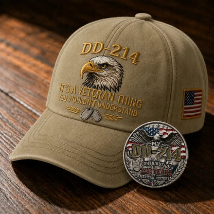 DD-214 Veteran 3D Embroidered Cap - 🎁 Free Honor Coin With Every Cap Purchase