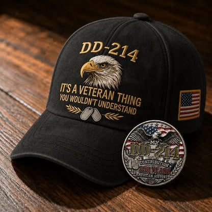DD-214 Veteran 3D Embroidered Cap - 🎁 Free Honor Coin With Every Cap Purchase