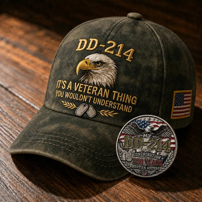DD-214 Veteran 3D Embroidered Cap - 🎁 Free Honor Coin With Every Cap Purchase