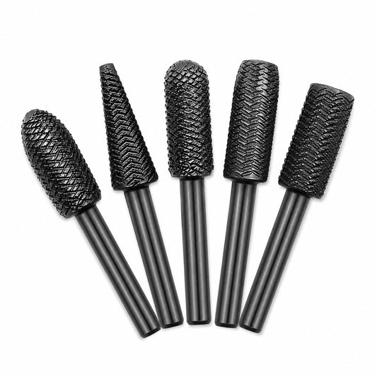 5 PCS Premium Tungsten Carbide Rotary Burr File Set – High-Efficiency Wood Carving, Grinding & Molding Drill Bits (1/4" Round Shank)