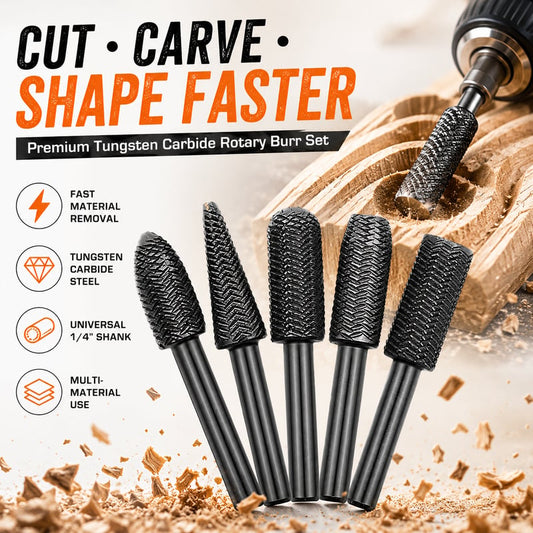 5 PCS Premium Tungsten Carbide Rotary Burr File Set – High-Efficiency Wood Carving, Grinding & Molding Drill Bits (1/4" Round Shank)
