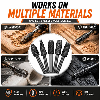 5 PCS Premium Tungsten Carbide Rotary Burr File Set – High-Efficiency Wood Carving, Grinding & Molding Drill Bits (1/4" Round Shank)