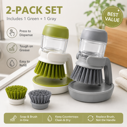 Press & Clean Soap-Dispensing Dish Brush – Scrub Smarter, Waste Less 🫧