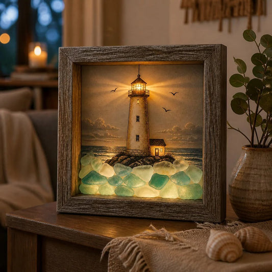 🌊✨ Bring The Calm Of The Coast Home — Glowing Lighthouse Sea Glass Shadow Box