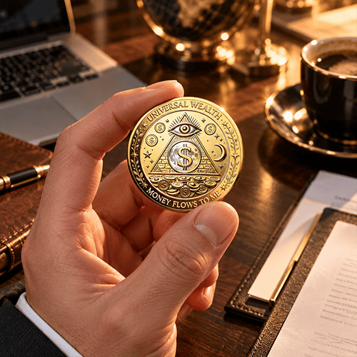 Golden Universal Wealth Coin held between fingers showing raised pyramid and eye details