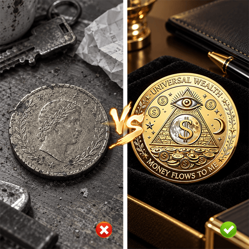 Comparison between worn flat coin appearance and detailed gold tone Universal Wealth coin