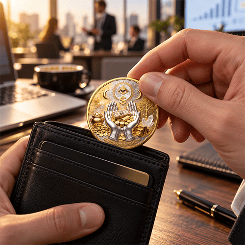 Abundance Wealth Coin being placed into a wallet