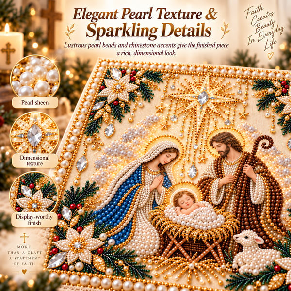Close-up of pearl beads and sparkling accents on Christian artwork