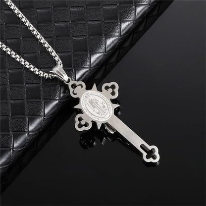 ✝️ Faith & Strength Cross Pendant – Saint Benedict-Inspired Stainless Steel Necklace