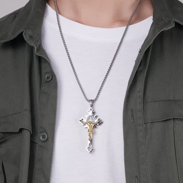 ✝️ Faith & Strength Cross Pendant – Saint Benedict-Inspired Stainless Steel Necklace