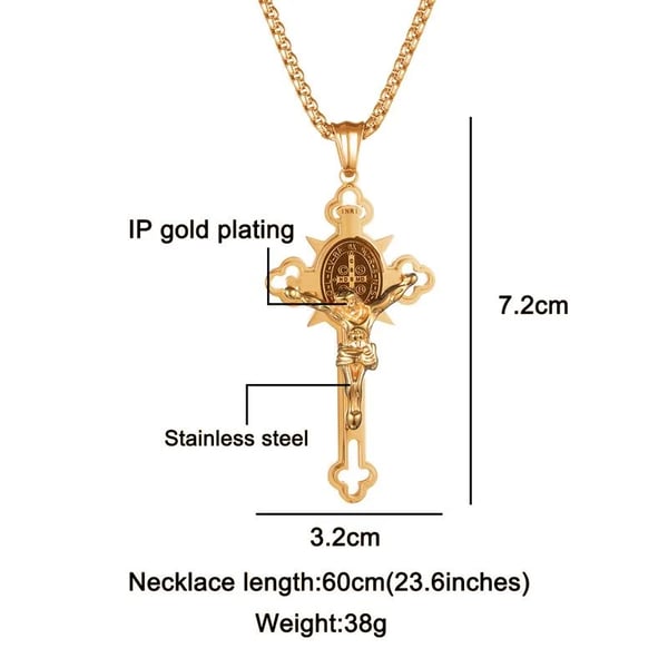 Saint Benedict cross necklace dimensions showing 7.2 cm height, 3.2 cm width and 60 cm necklace length