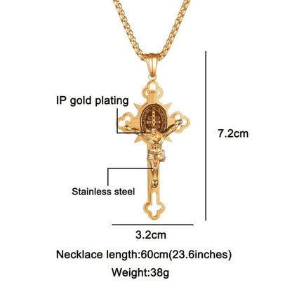 ✝️ Faith & Strength Cross Pendant – Saint Benedict-Inspired Stainless Steel Necklace
