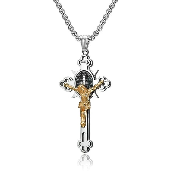 ✝️ Faith & Strength Cross Pendant – Saint Benedict-Inspired Stainless Steel Necklace